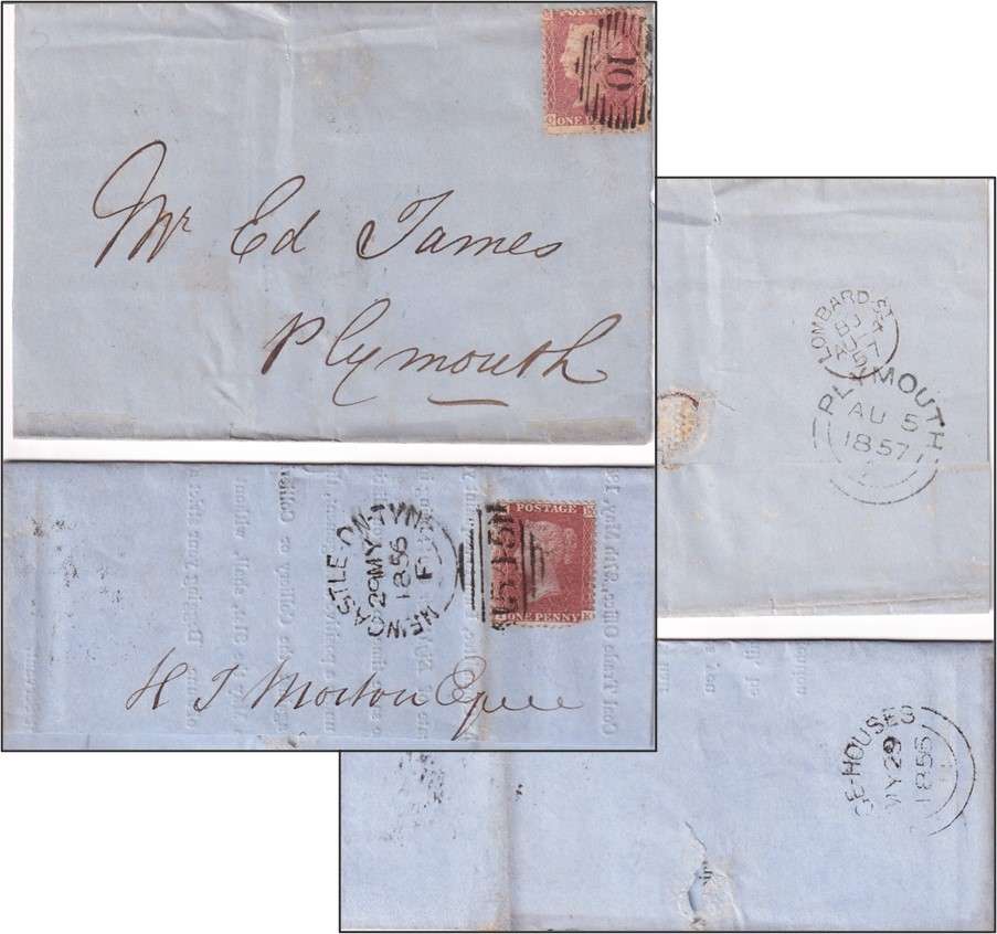 1d GB Reds Postal History Lot (x7) - Covers/Wrappers/Postmarking - SG.8/SG.17/SG.43