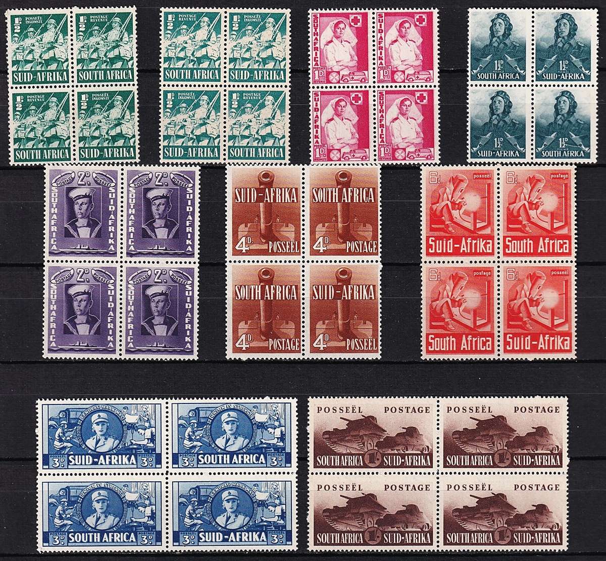 1941/2 Union Large Wars UMM(**) Set in Blocks of 4  @ CV  R2,230