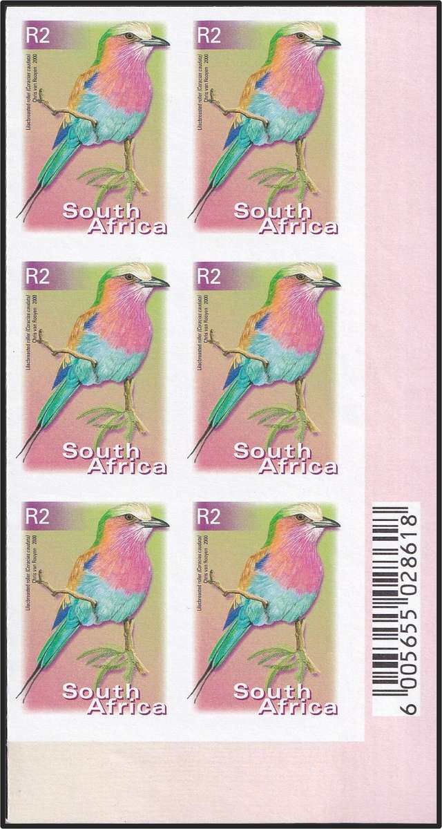 2000 RSA R2 Lilacbreasted Roller UMM(**) Imperf Corner Block of 6