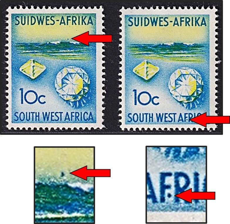 1961 SWA 10c UMM(**) Varieties - Dark Spot on Horizon & Spot After "F" in AFRICA
