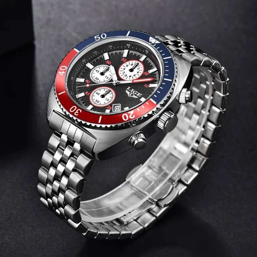 LIGE "Pepsi" Styled Quartz Chronograph Multifunction Men's Watch