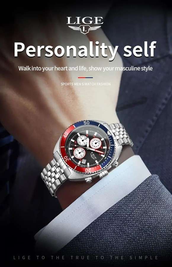 LIGE "Pepsi" Styled Quartz Chronograph Multifunction Men's Watch