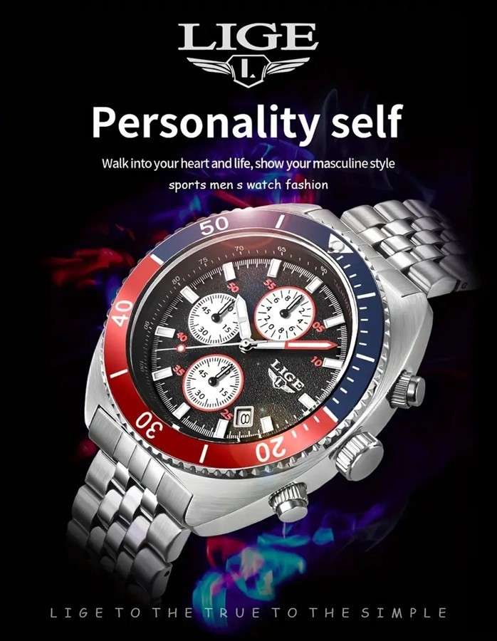 LIGE "Pepsi" Styled Quartz Chronograph Multifunction Men's Watch