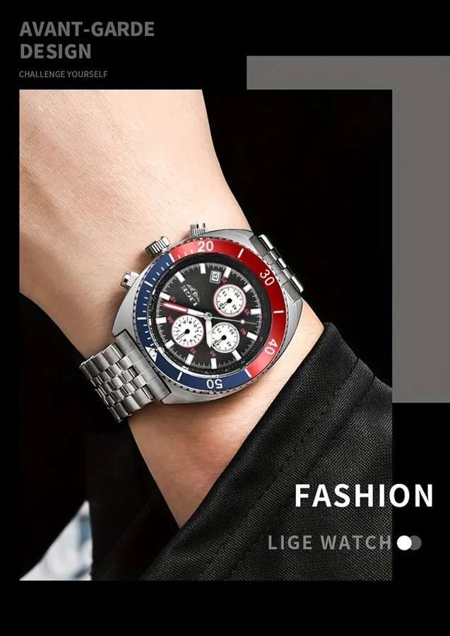 LIGE "Pepsi" Styled Quartz Chronograph Multifunction Men's Watch