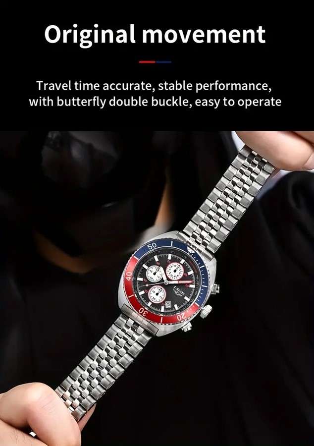 LIGE "Pepsi" Styled Quartz Chronograph Multifunction Men's Watch