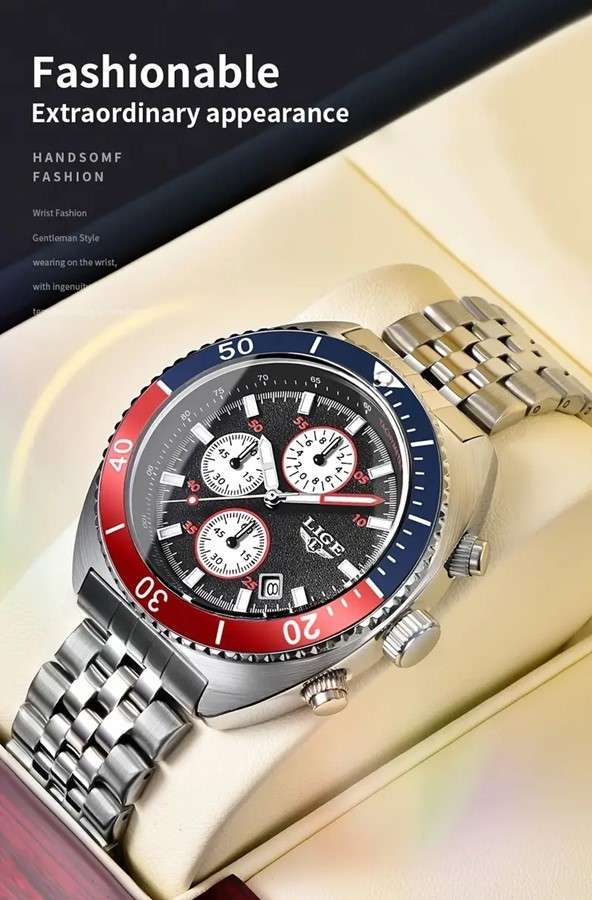 LIGE "Pepsi" Styled Quartz Chronograph Multifunction Men's Watch