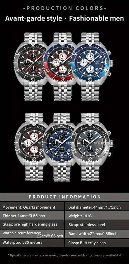 LIGE "Pepsi" Styled Quartz Chronograph Multifunction Men's Watch