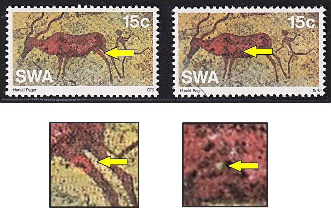 1976 SWA 15c UMM(**) CC.293 Varieties -  Large Red Red Circle on Leg & Green Blob on Flank