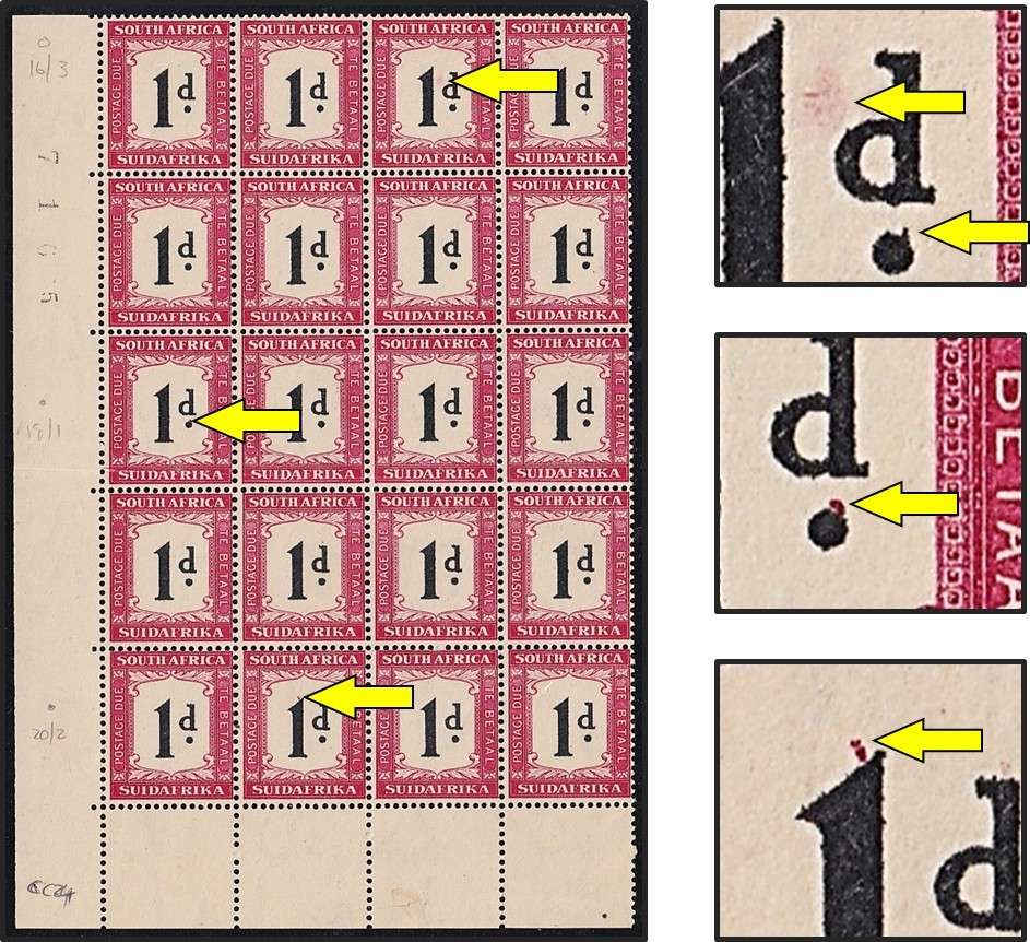 1934 Union 1d Postage Due UMM(**) Block - 3 x Varieties  @ CV  R1,200+Varieties