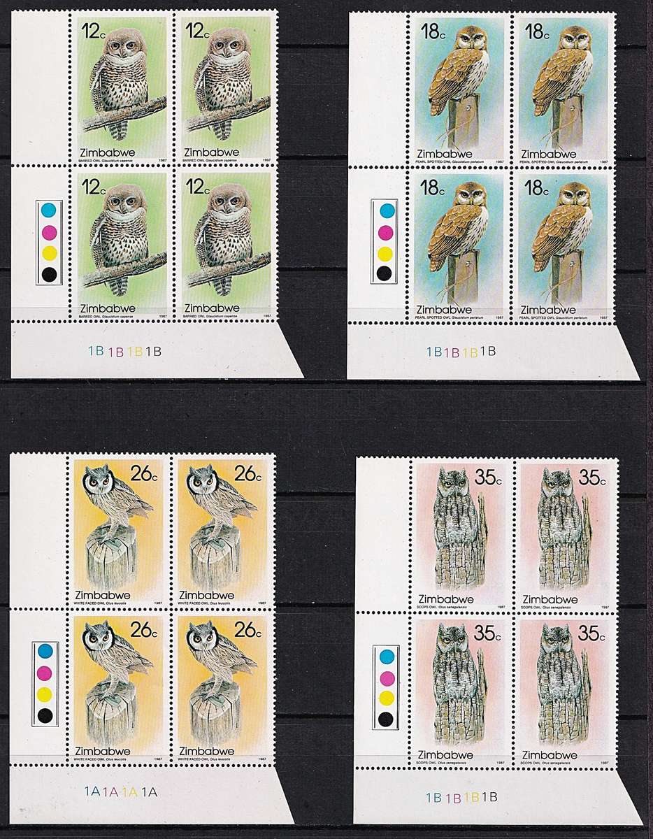 1987 Zimbabwe Owls UMM(**) Set in Control & Inscriptional Blocks @ CV  R4,250+