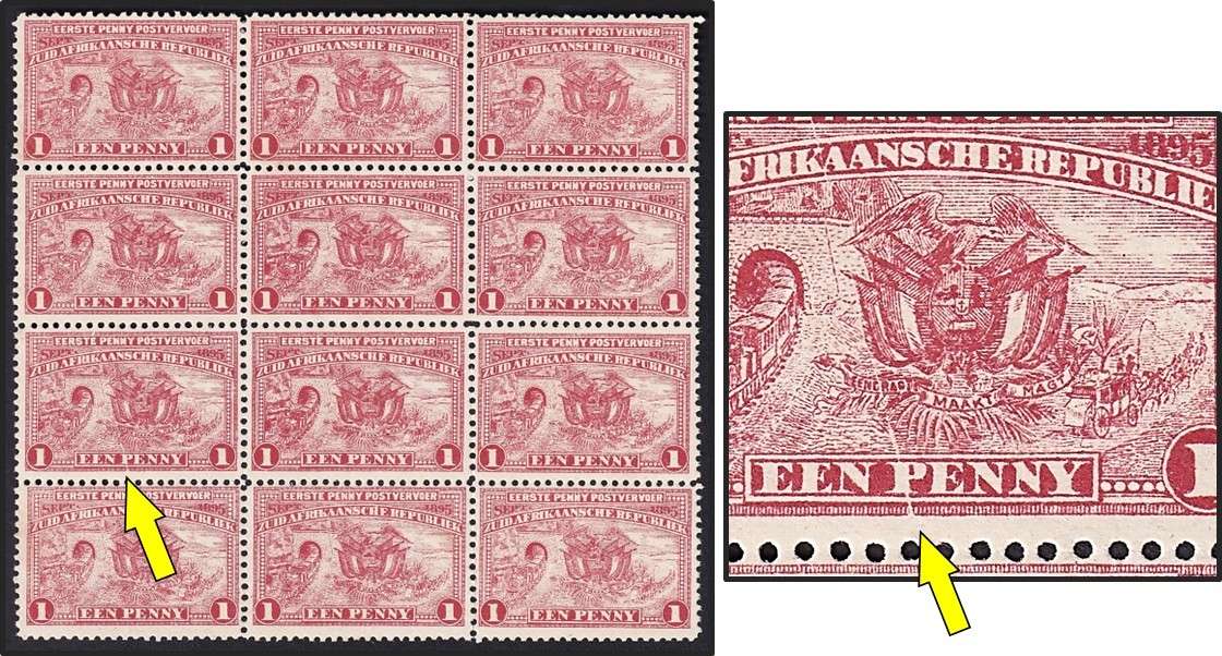 1895 ZAR 1d Red CC.222c Mint/No Gum/Spots  - Cracked Plate Variety