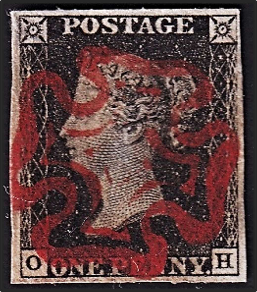 1840 Great Britain QV 1d Black, SG.1 with Beautiful Red Maltese Cross, 4 x Full Margins