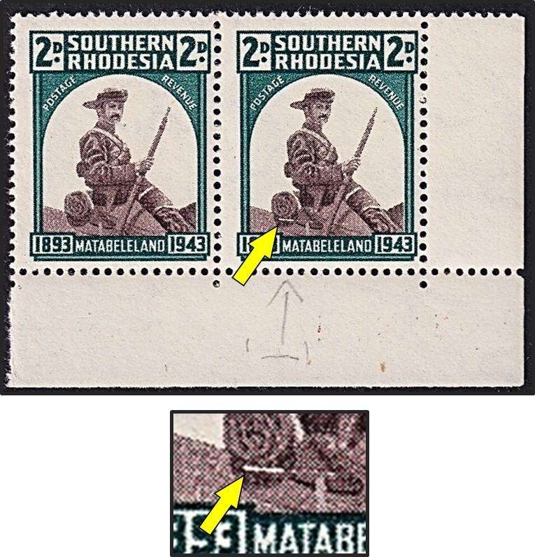 1943 Rhodesia 2d UMM(**) Positional Variety - Saddle Bag Flaw