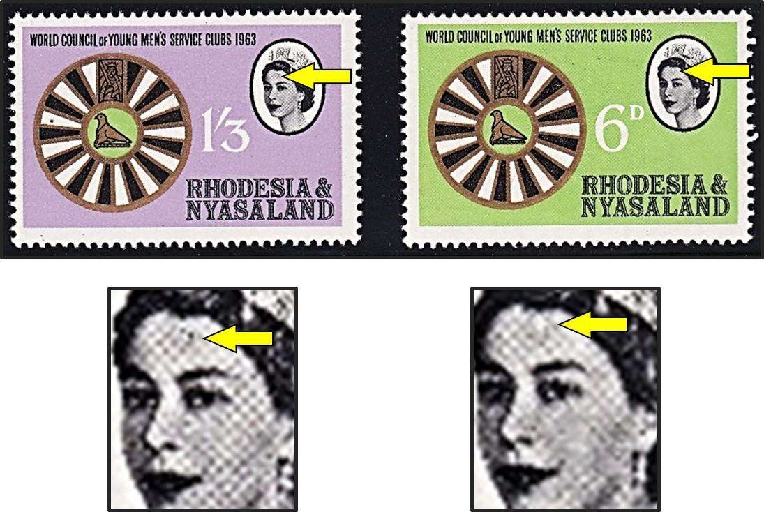 1963 Rhodesia & Nyasaland 6d & 1/3 UMM(**) both with Listed Variety - Forehead Retouch