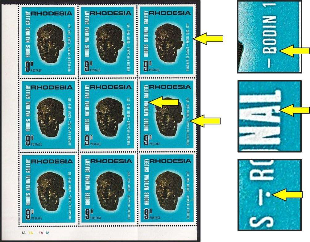 1967 Rhodesia 9d MM/UMM Listed Varieties - BODIN Flaw, Dot under Hyphen & Damaged "A"