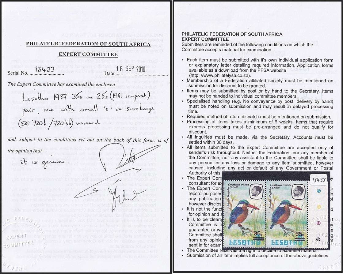 1987 Lesotho 35s on 25s UMM(**) Certified Small "s" Variety SG.720b/bb @ CV  R2,450+