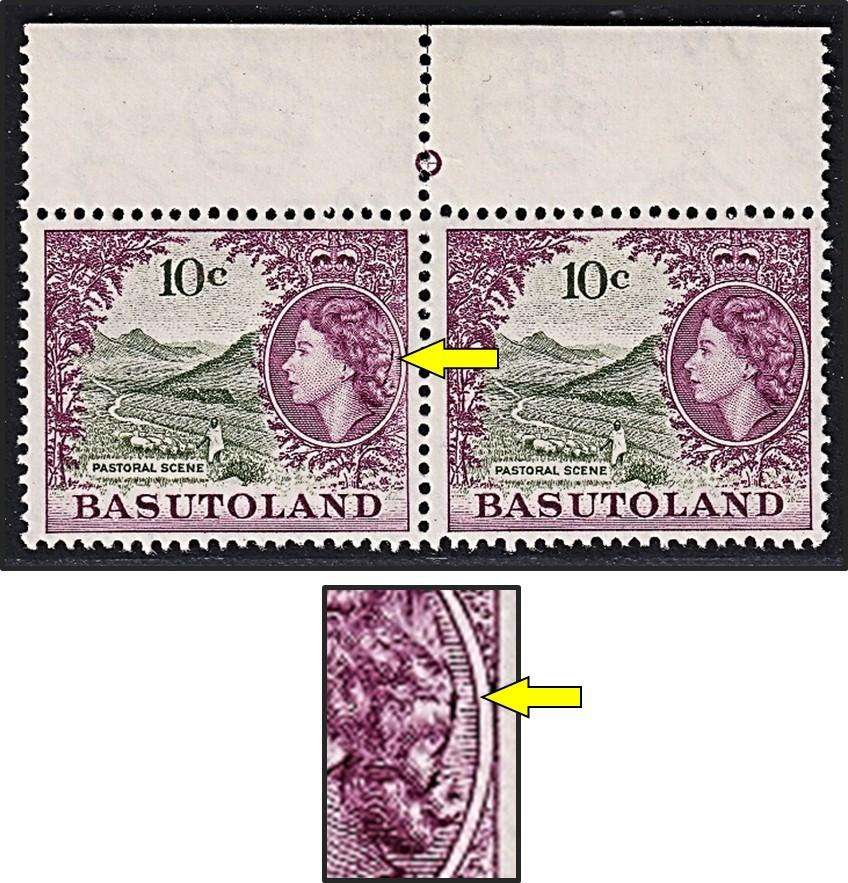 1961 Basutoland 10c QEII UMM(**) Pair - Var.2 - Weak Entry behind Queen's Head @ R1,100+