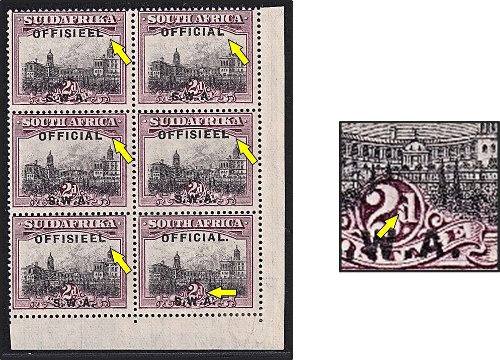 1929 SWA 2d Official UMM/UMM/MM Corner CC.7, Missing Stops on 5 Stamps & Broken "d"