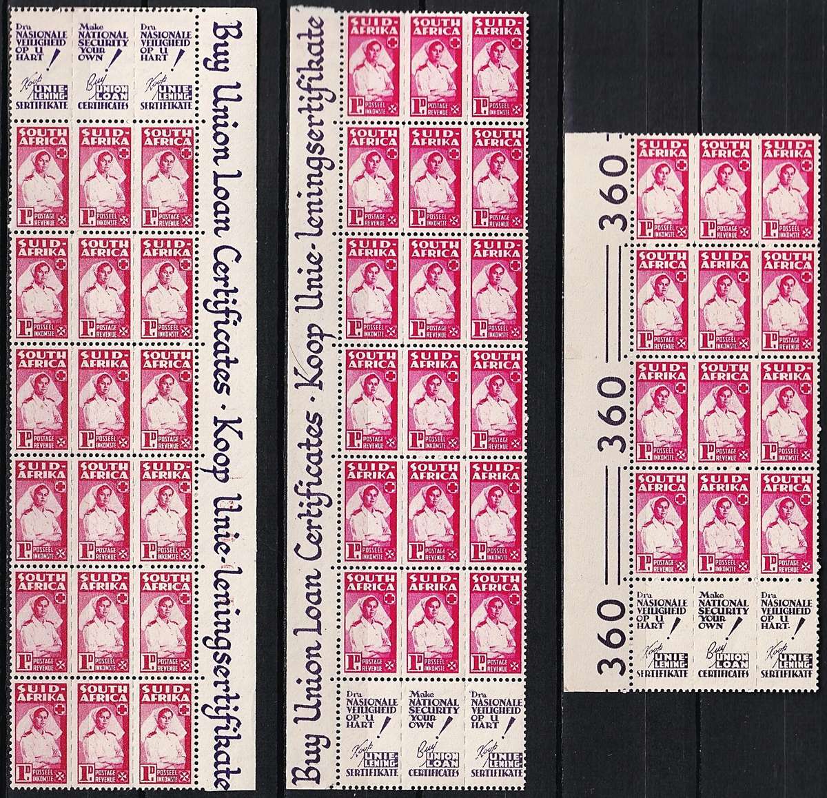 1943 Union 1d Nurse UMM(**) Blocks - 3 x Distinct Different Coloured Slogans