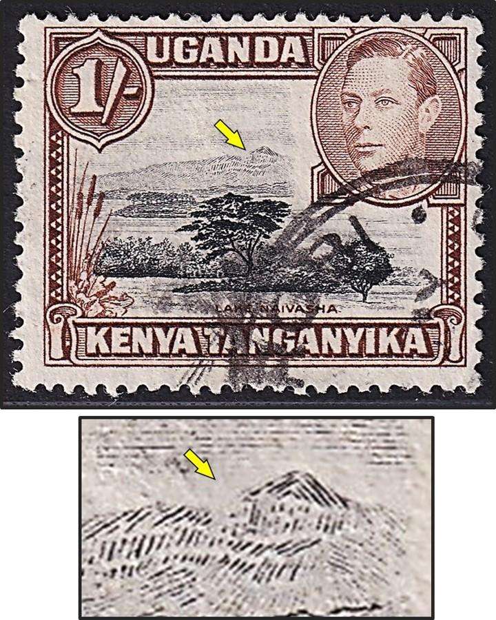 1938 KUT KGVI 1/- VFU Variety - Mountain Retouch CC.145ac  @ CV  R8,500+