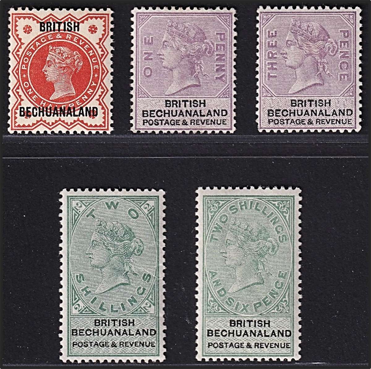 1887 British Bechuanaland ½d/1d/3d/2s-MM(*) and 2/6-UMM(**) @ CV  R6,015