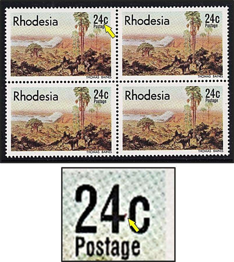 1977 Rhodesia 24c MM/UMM Block Variety - Red Mark on "4" - RARE!