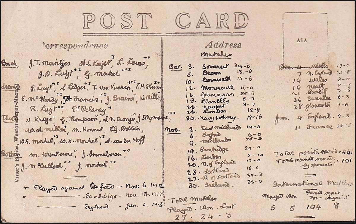 1912/13 Union Postcard - Rugby Thematic with Team Names on Back - Great Thematic