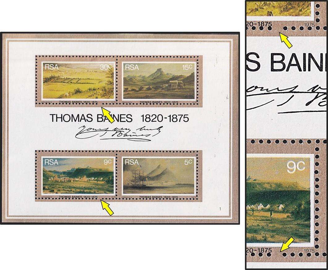 1975 RSA Thomas Baines UMM(**) Minisheet - Missing Perforations