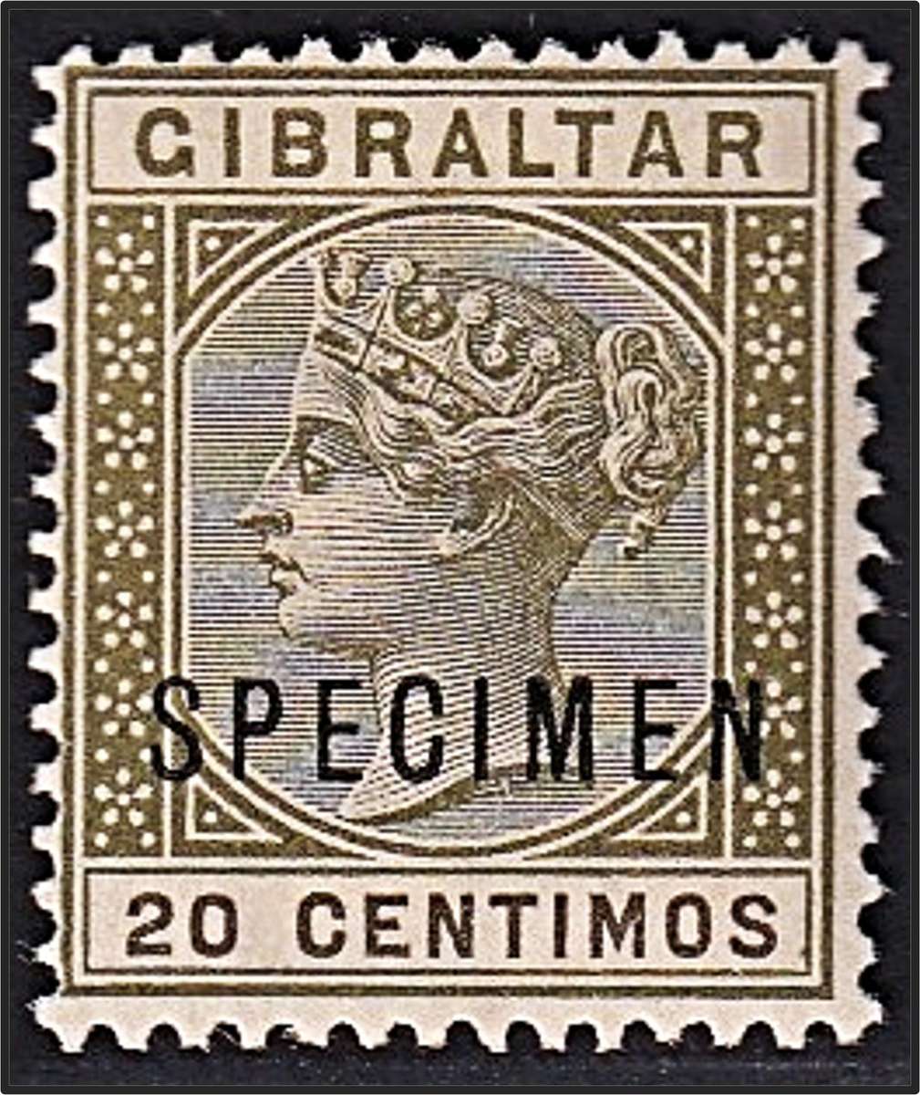 1896 Gibraltar 20c Queen Victoria SG.25 MM(*) - Overprinted SPECIMEN