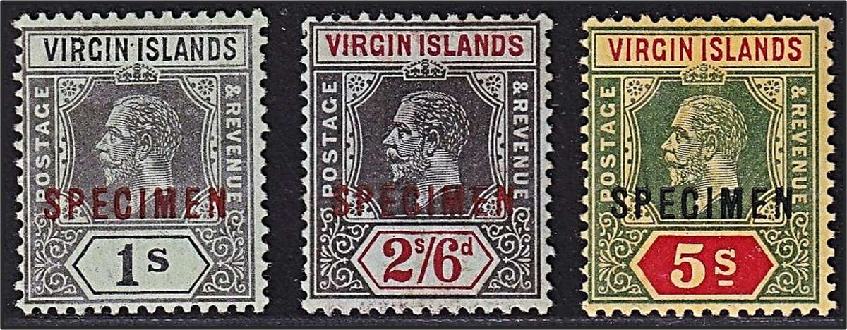 1913 Virgin Islands KGV 1/- to 5/- SG.75-77 MM(*) - Overprinted SPECIMEN