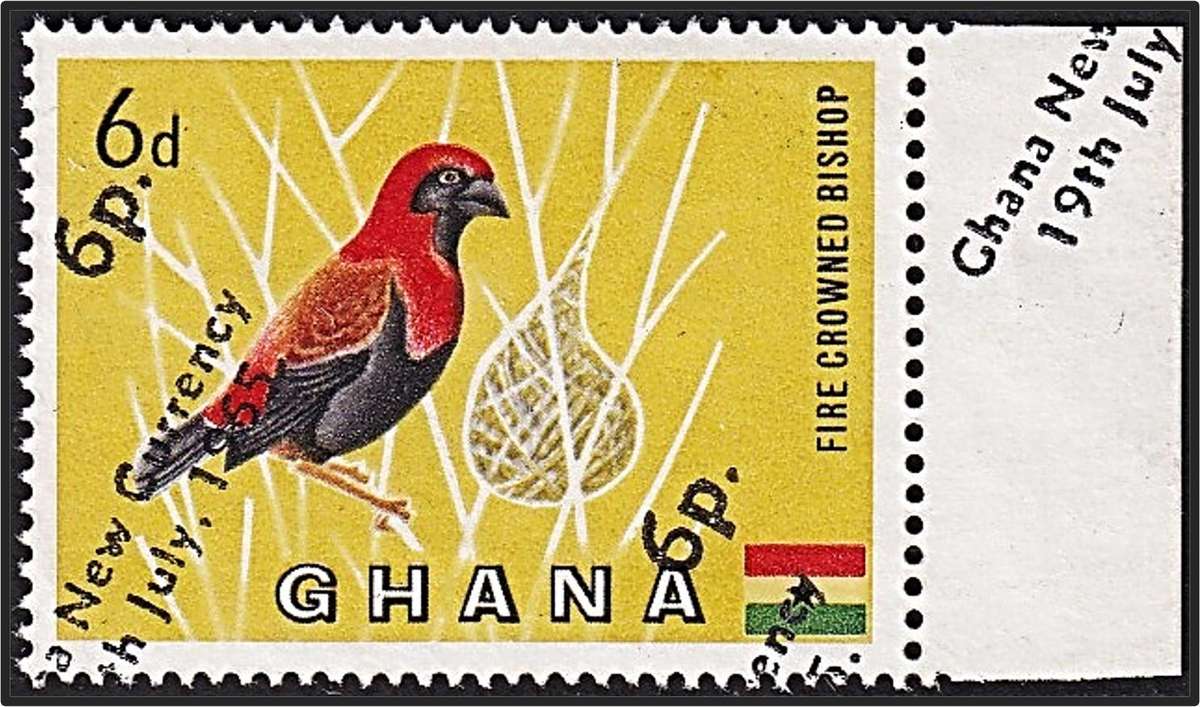 1965 Ghana 6d MM(Blotchy Gum) New Currency Surcharge & Value(Horizontal) Skewed