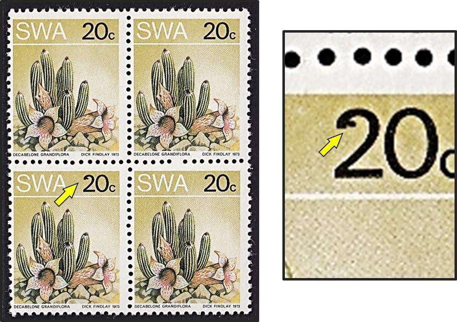 1973 SWA 20c UMM(**) Block with "Hook" on "2" - Scarce!