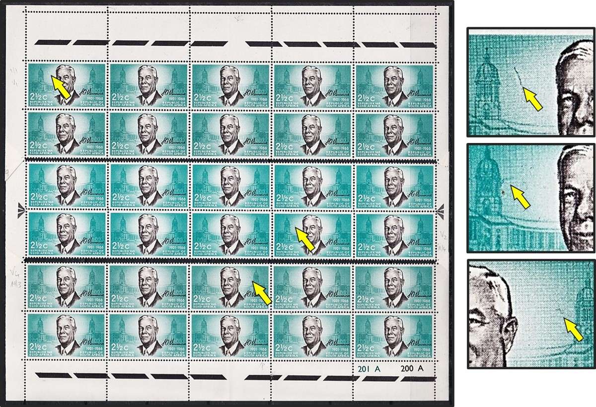 1966 RSA Verwoerd UMM(**) Part Sheet, Listed Var.1,2 & 3 - Blue Marks in Various Positions