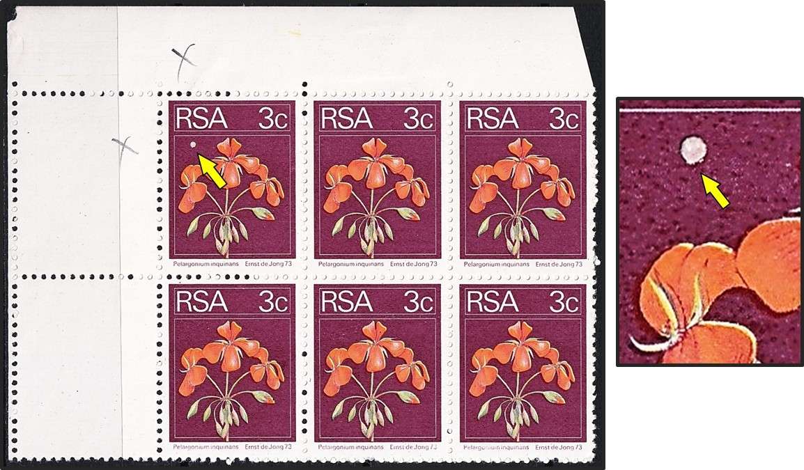 1974 RSA 3c UMM(**) Corner Block with Prominent  "White Pearl Flaw"