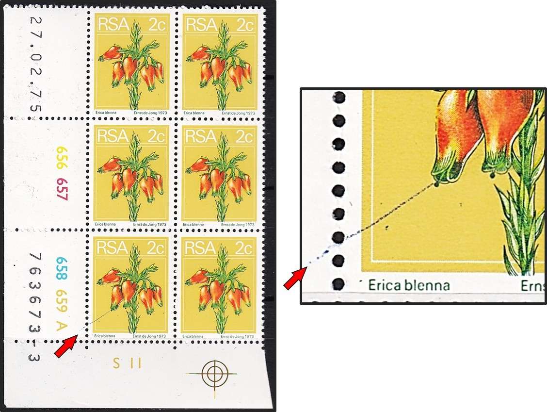 1974 RSA 2c UMM(**) Control Block with Flaw - Prominent Green Line from Petal to Corner - RARE