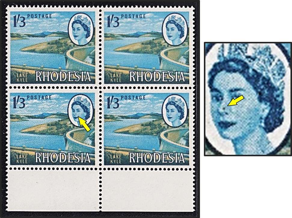 1966 Rhodesia 3d UMM(**) Block of 4 with "Spot on Nose" Flaw