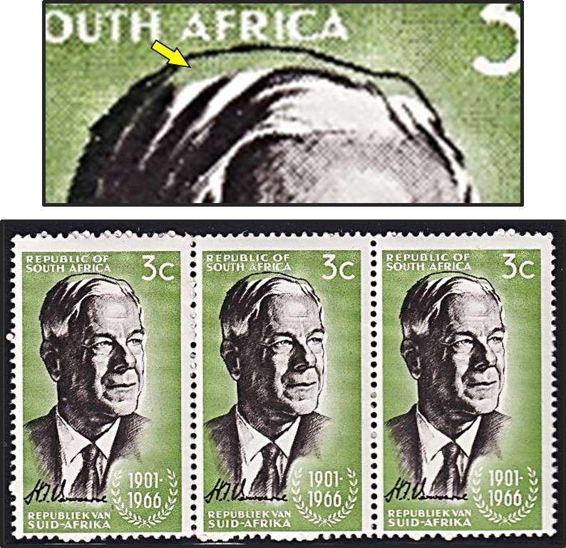 1966 RSA 3c Verwoerd UMM/MM Strip with "Green Hair" Flaw/Colour Shift