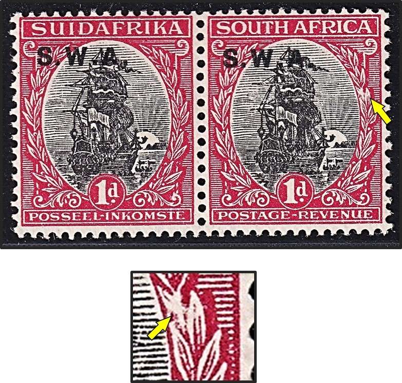 1927 SWA 1d UMM(**) Piar with Opt to Left & RARE White Leaf Variety