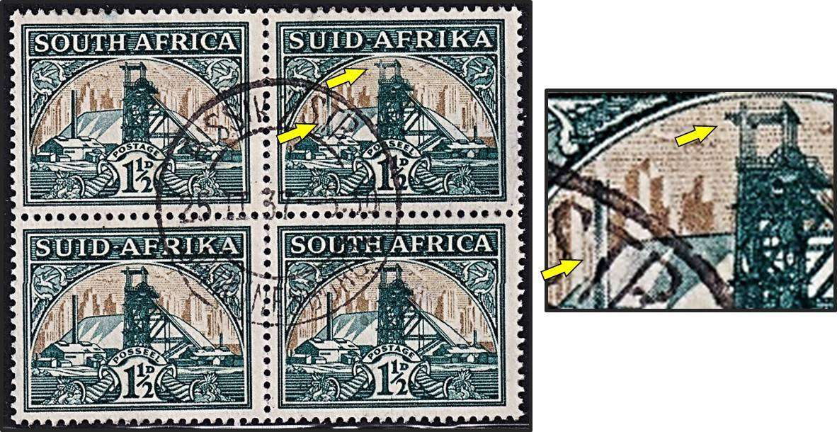 1936 Union 1½d VFU Block with Broken Chimney Flaw - Scarce as Used!