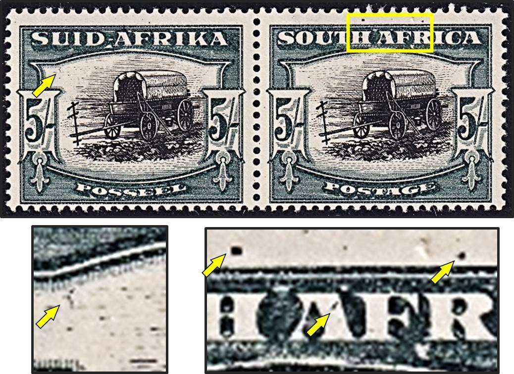 1933 Union 5/- LMM(*) Varieties - Dot in "A", Squigle & Dots in Top Margin