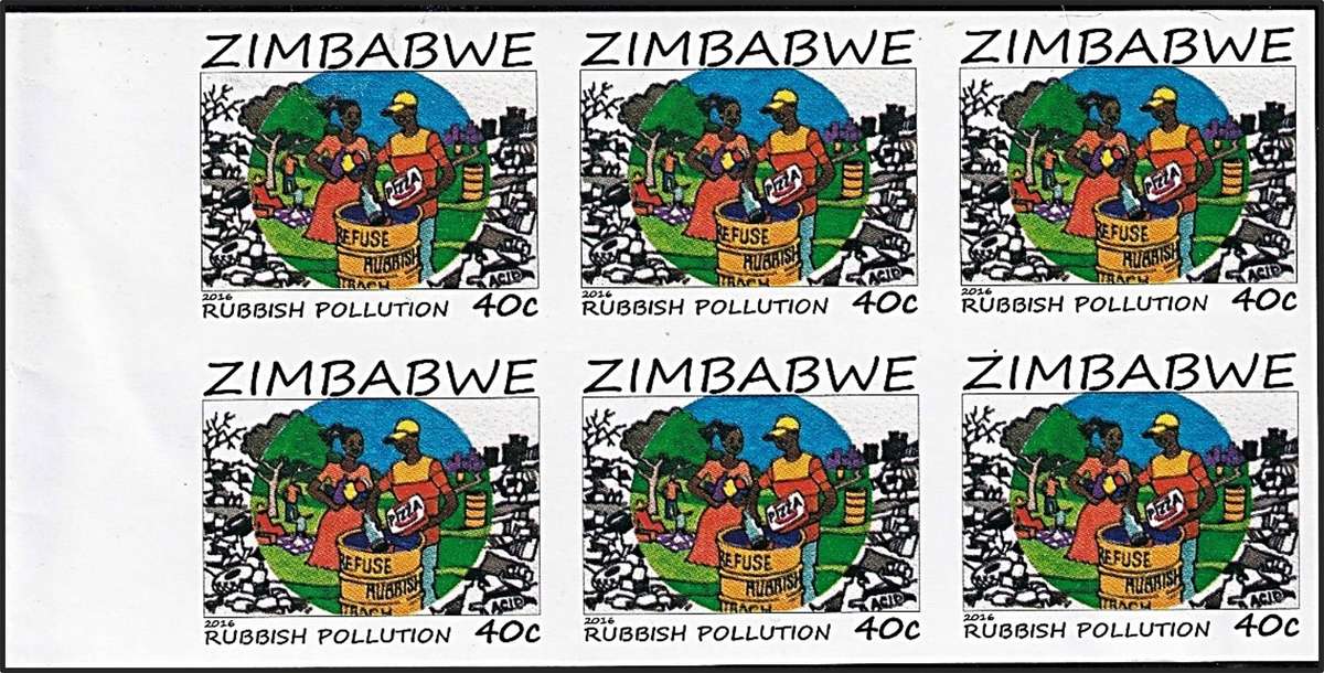 2016 Zimbabwe 40c Rubbish Polution UMM(**) Marginal Imperf Block of 6