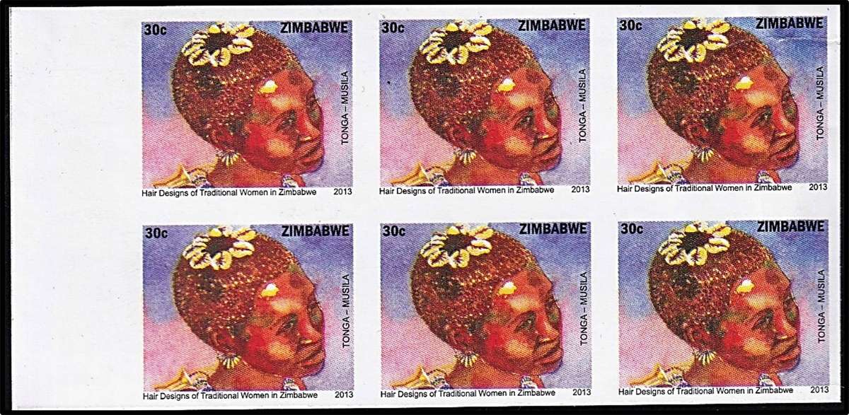 2013 Zimbabwe 30c Hair Designs UMM(**) Block of 6 (Printer's Waste)