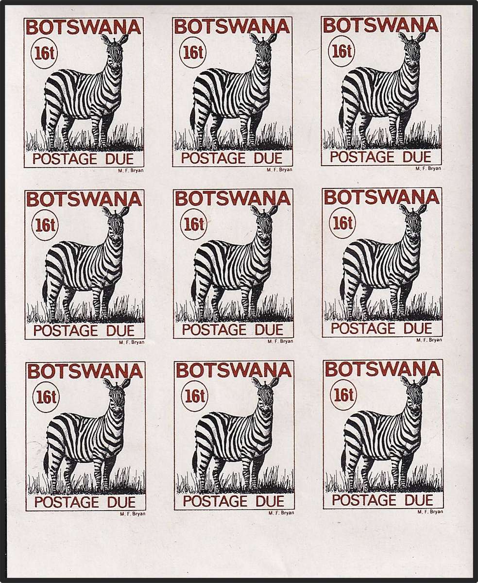 Botswana 16t UMM(**) Postage Due IMPERF Block of 9 - Rare Animal Thematic!
