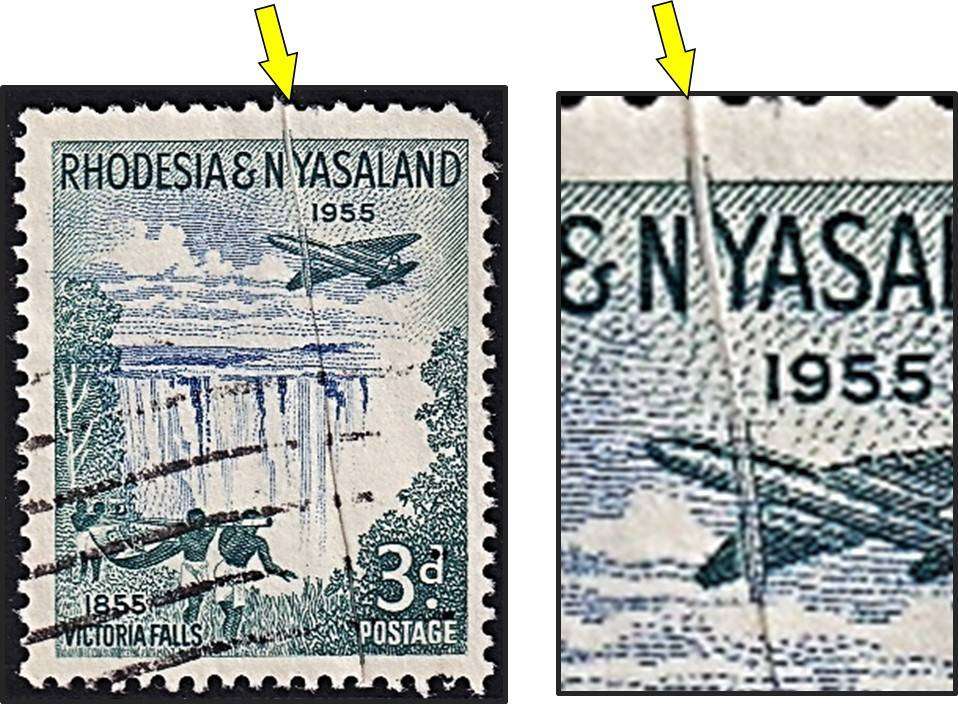 1955 Rhodesia & Nyasaland 3d Used Variety - Paper Fold - Prominent Line Through Design
