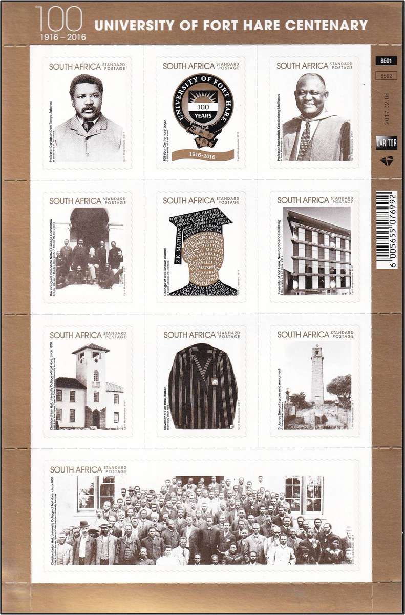 2017 RSA Centenary Fort Hare UMM(**) Self-Adhesive Minisheet  @ R300