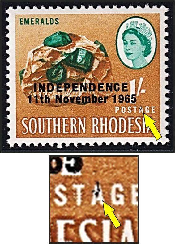 1965 Rhodesia 1/- UMM(**) Variety - Black Marks on "A" of POSTAGE
