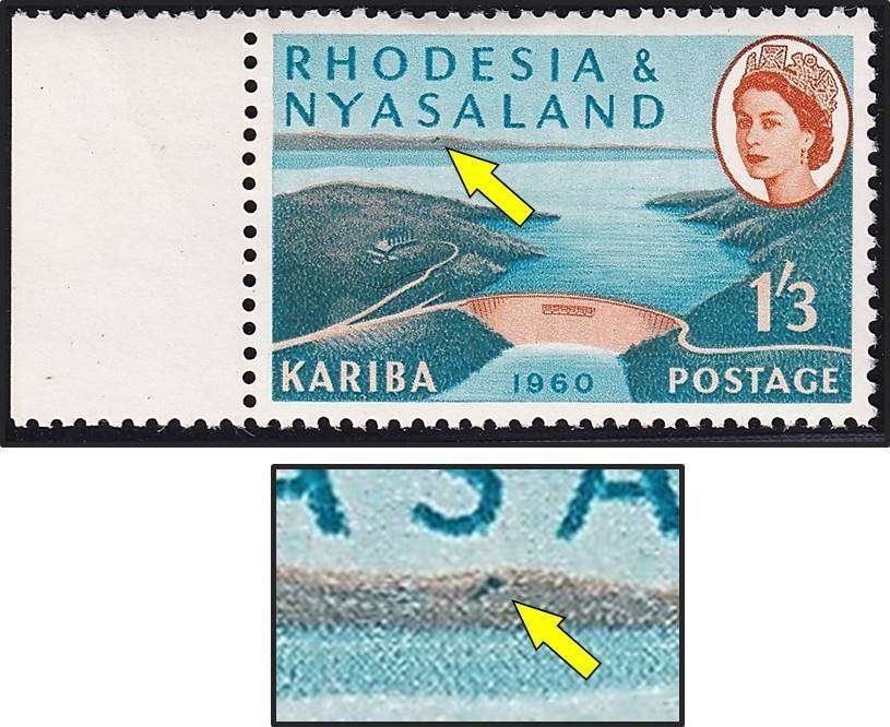 1960 Rhodesia & Nyasaland 1/3 UMM(**) Constant Flaw - Dark Mark in Mountains