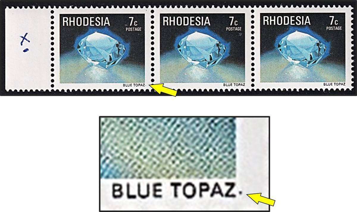 1978 Rhodesia 7c Topaz UMM(**) Strip - Stop after TOPAZ.