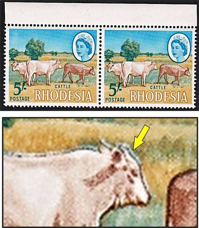 1965 Rhodesia 5/- UMM(**)  Variety - Good Colour Shift/Cattle with Blue-White Shading