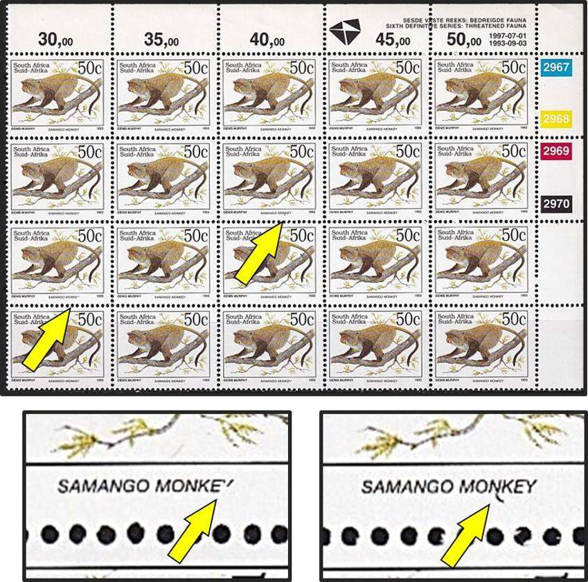 1997 RSA 50c Positional Varieties, CC.832a Normal Perf - Broken "Y" and Comma on "N"